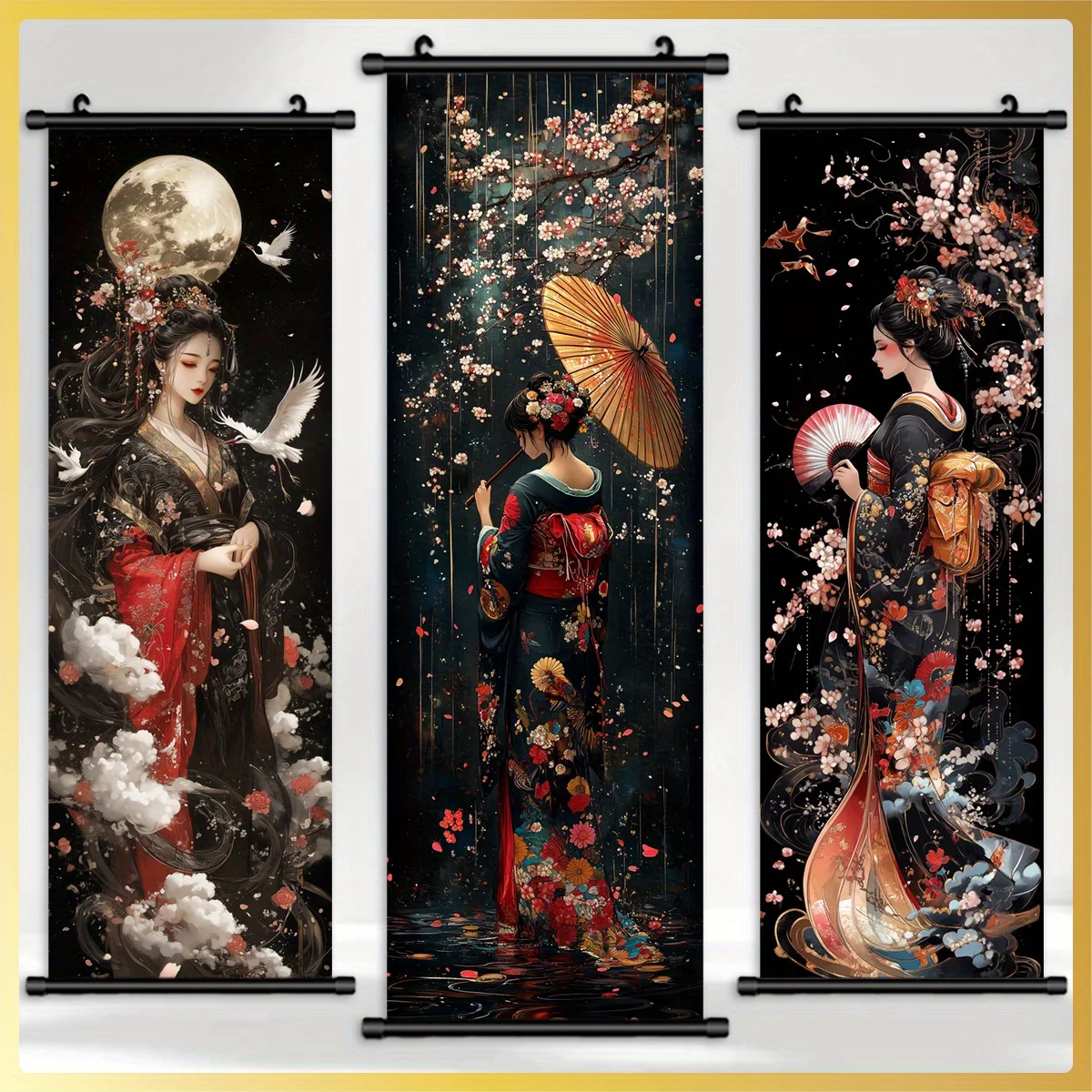 VIKAMA Japanese Kimono Beauty Cherry Blossom Scroll Tapestry, Fade Resistant Wall Scroll Painting for Elegant Room Decor