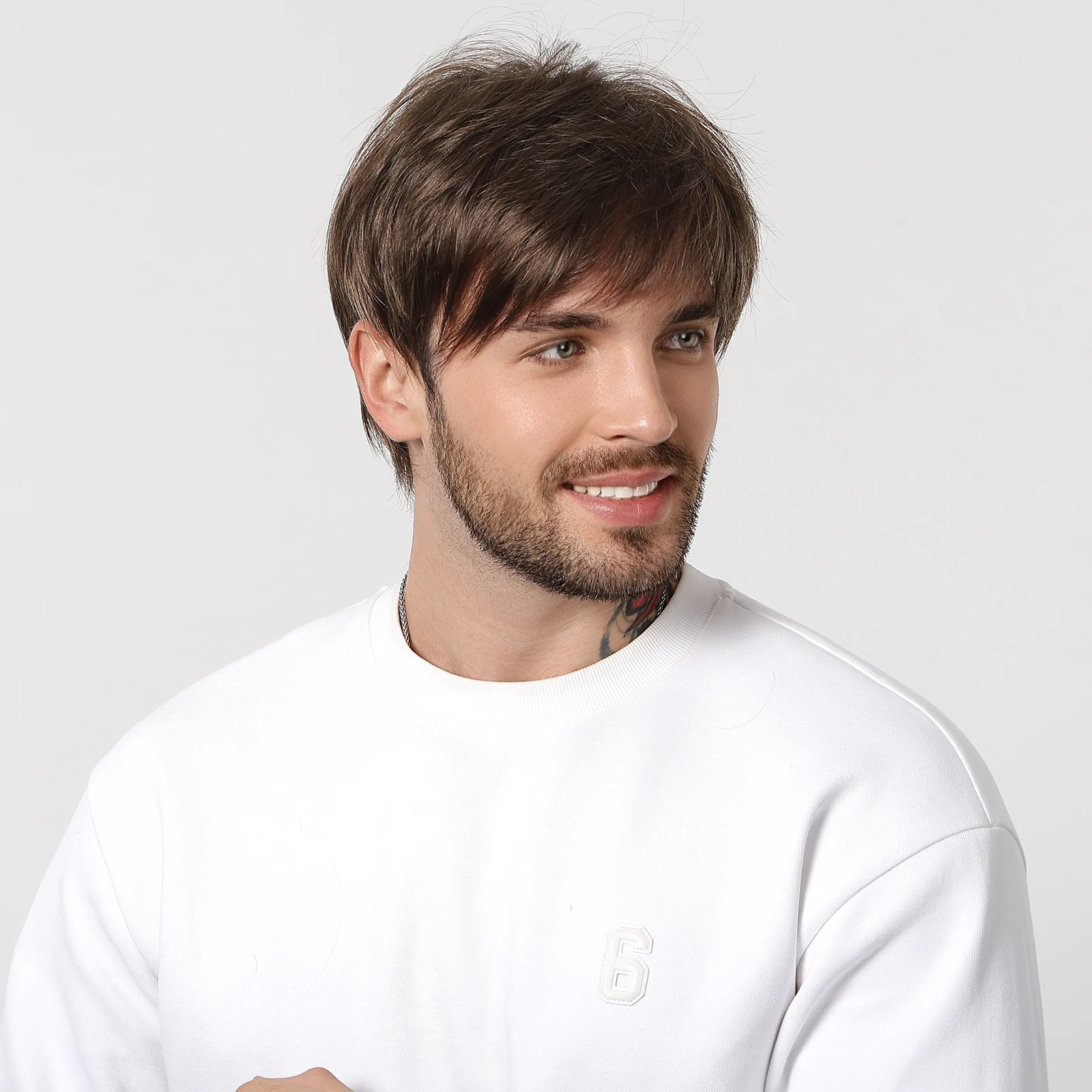 ALAN EATON Dark Brown Short Wig for Men Side Part Synthetic Layered Wigs with Bangs Natural Looking Synthetic Hair Full Wig