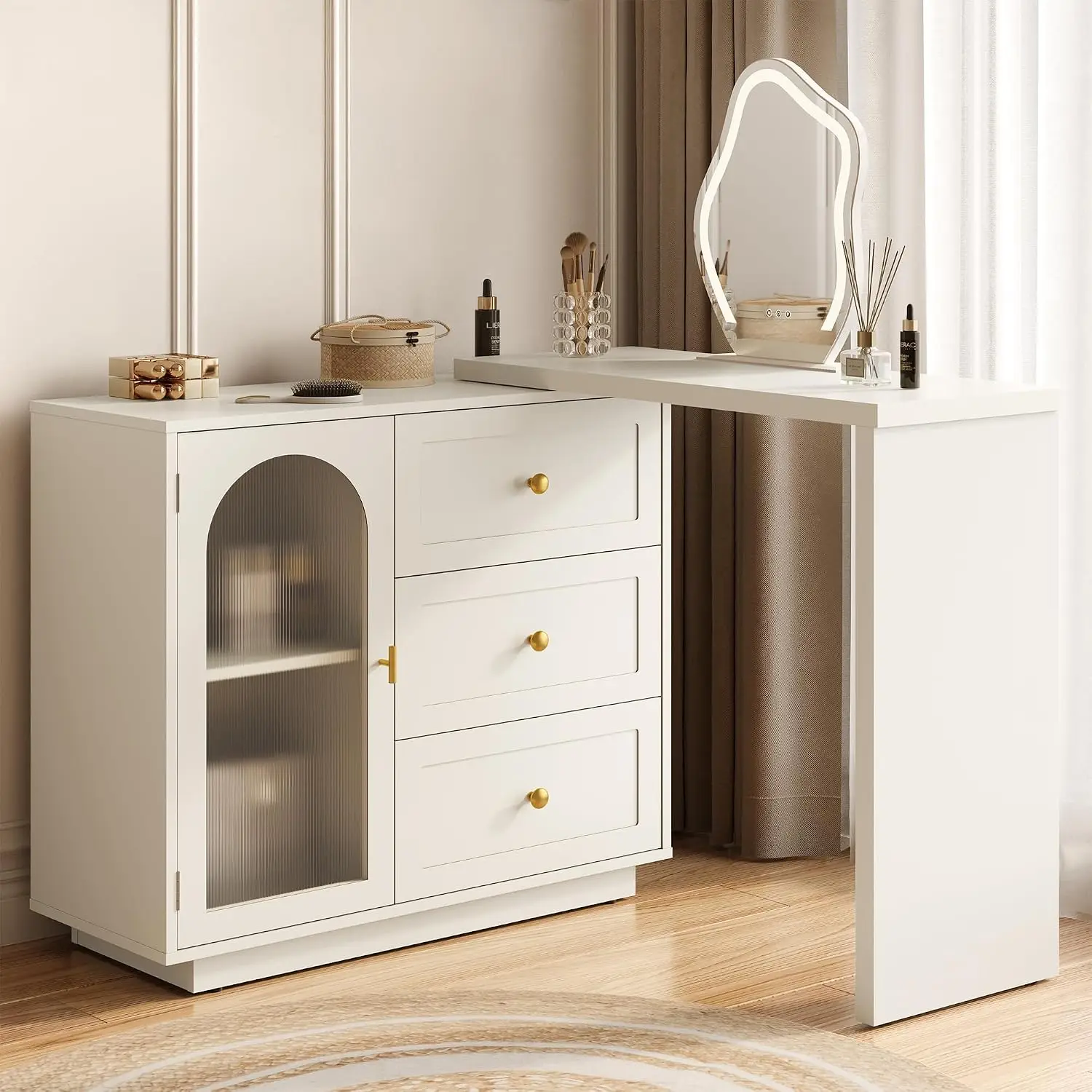 L-Shaped Desk with 3 Drawers, Extendable Rotatable Corner Desk with Cabinet, Study Table with Shelves