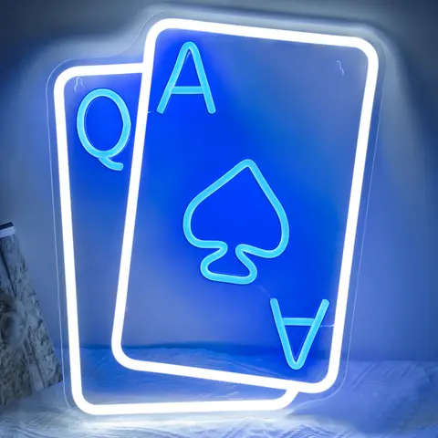Playing Cards Neon Signs for Wall Decor Poker Teens Led Neon Light Blue White LED Light Sign for Bedroom Casino Decor