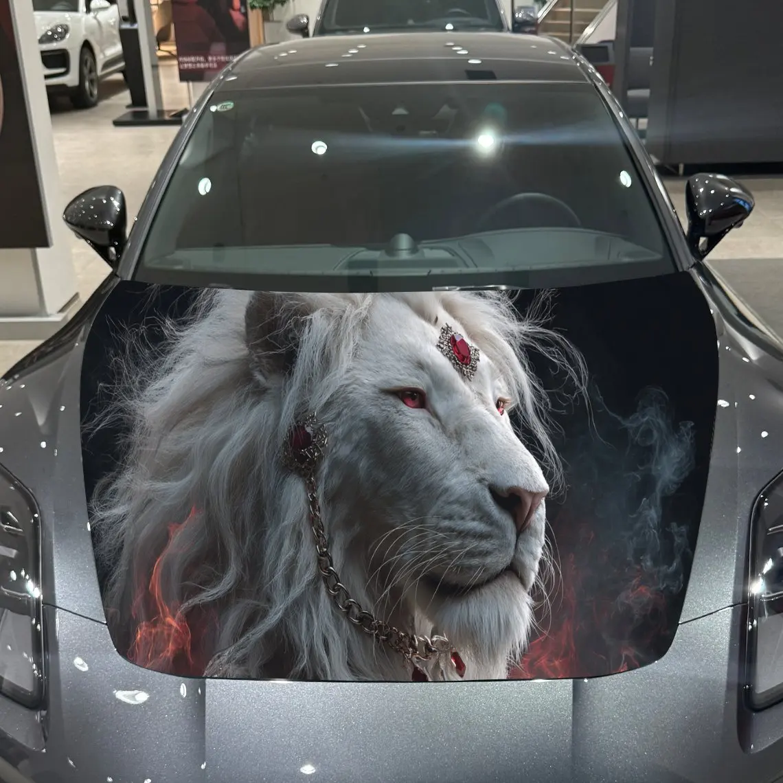 Fiery Lion Brave Exploration Charm PVC Car Hood Wraps, Self-Adhesive Waterproof Car Bonnet Decal Sticker, Car Decoration Protect