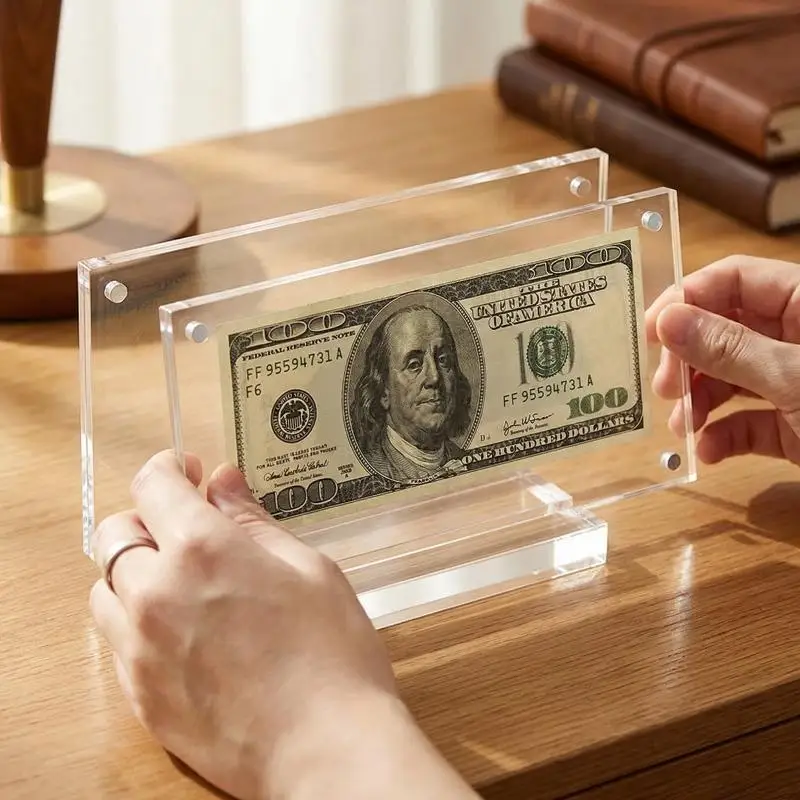 Acrylic Magnetic  Money Holder Frame with Stable Base for Dollar Bill Display Collector Souvenir Showcase