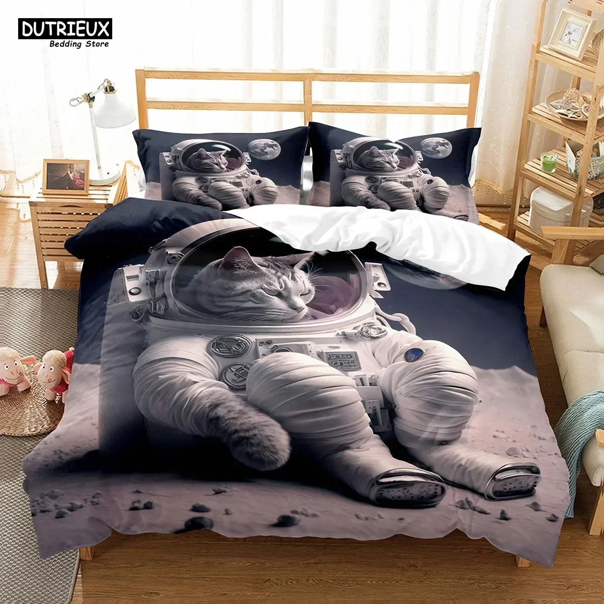 Space Cat King Queen Duvet Cover Cute Astronaut Kitty Bedding Set Universe Pet Animal Dog Quilt Cover Polyester Comforter Cover
