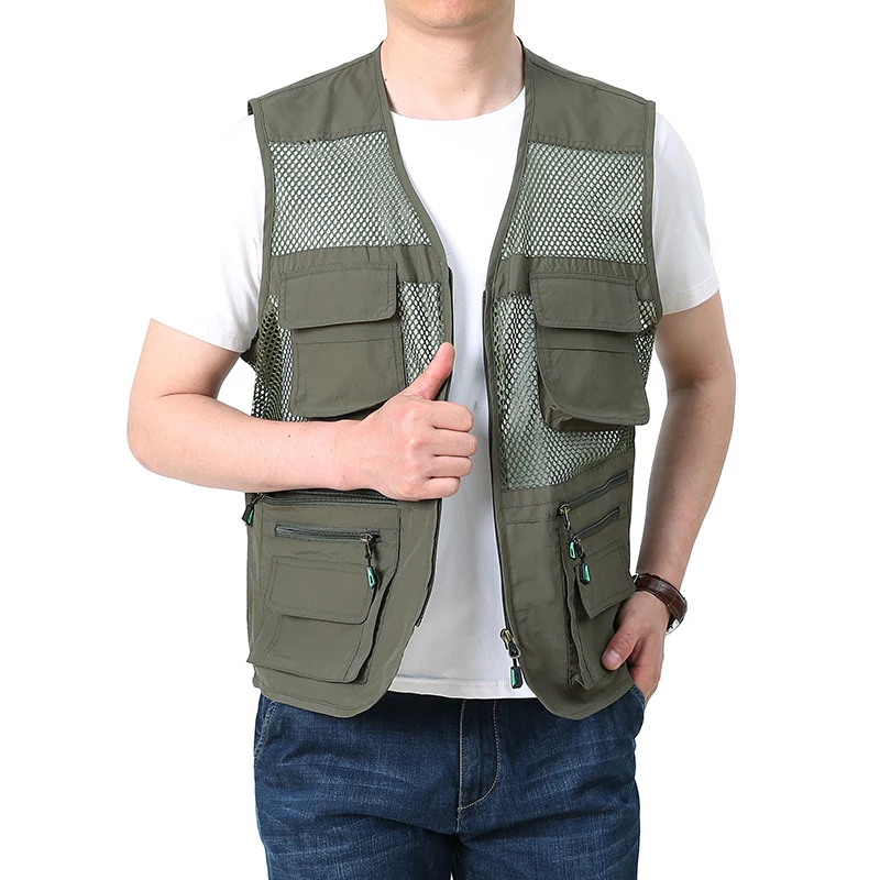 New summer thin mesh quick drying vest for men with multiple pockets, fishing vest, casual vest, hollowed out oversized shoulder