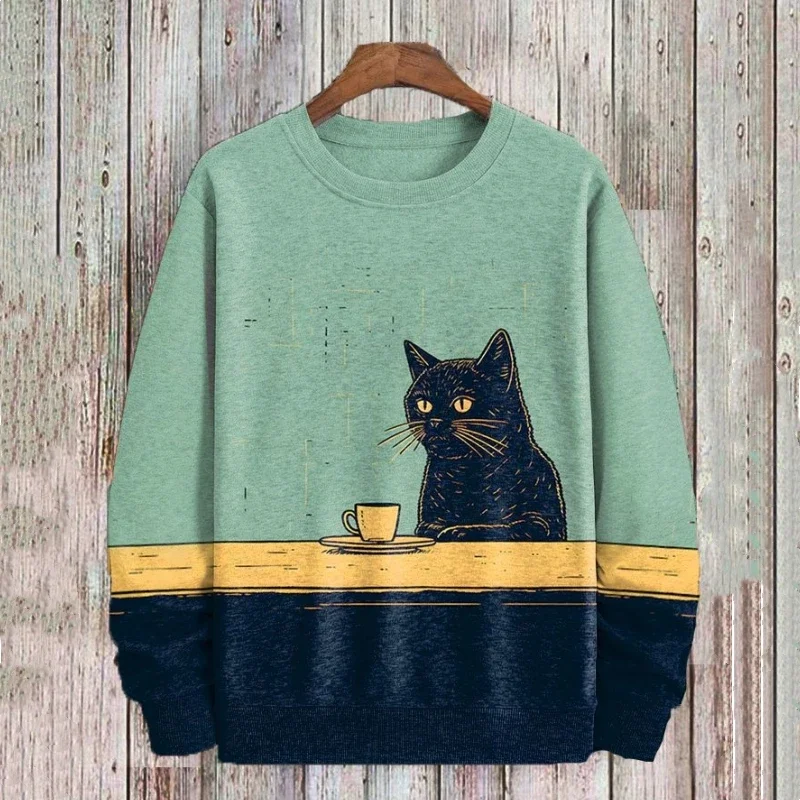 Printed Cat Long Sleeve T-Shirt Men's Oversized Hoodie Autumn Pullover Unisex Crewneck Sweater Fashion Unisex Clothing