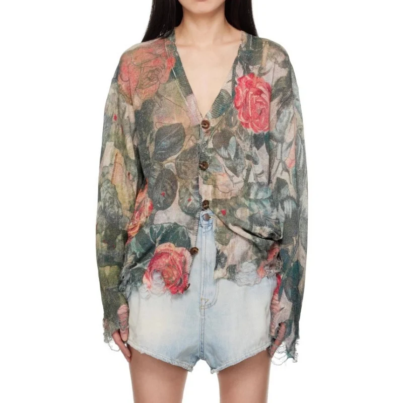 2025년 가을 신상 카모플라주 장미 프린트 니트 스웨터 Y2K 여성 한국 레트로 꽃자수 V넥 니트 가디건