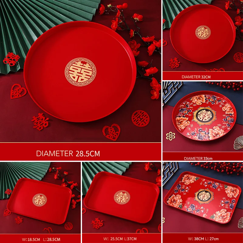 Bandeja china tradicional roja Xi, bandeja de plástico para té, cocina, almacenamiento de aperitivos de frutas, suministros festivos para banquetes