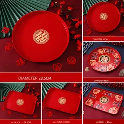 Multi-sizes Chinese Traditional Red Xi Tray Plastic Tea Tray Kitchen Tray Fruit Snack Storage Wedding Banquet Festive Supplies
