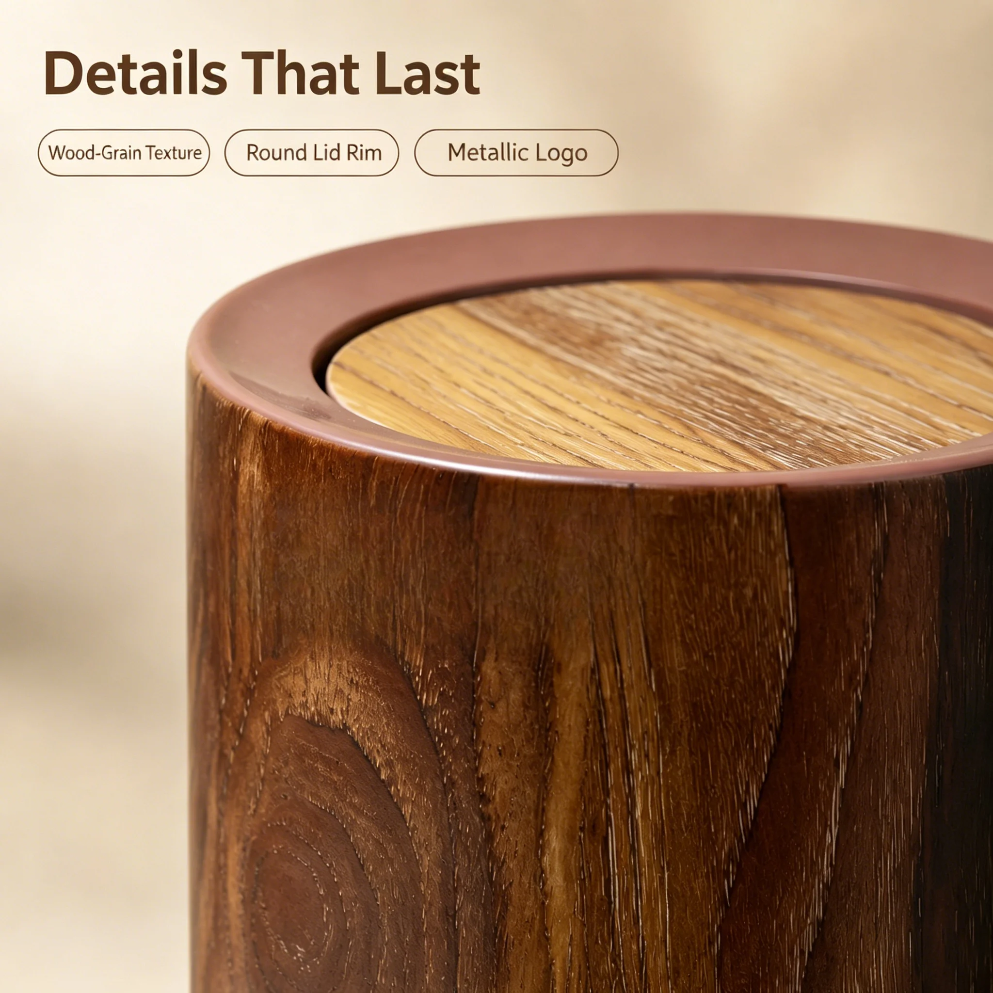 Wood‑Grain Swing Lid Trash Can, Plastic Round Waste Bin with Removable Inner Bucket, Decorative Garbage Can for Bathroom Bedroom Living Room Home Decor