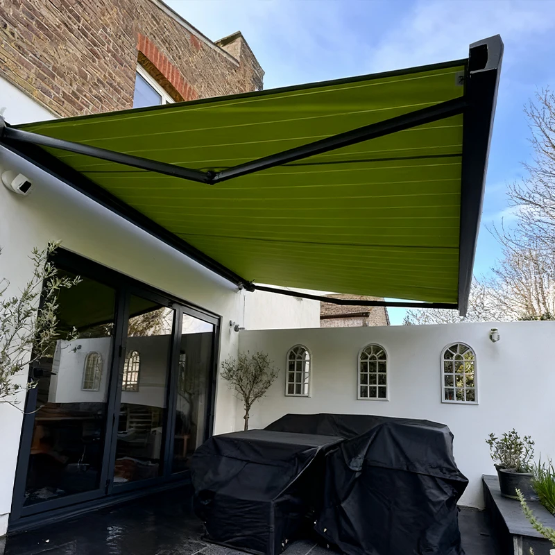 Motorized Retractable Folding Arm Awning Remote Control Aluminum Alloy Frame Full Cassette Design-Waterproof UV Balcony