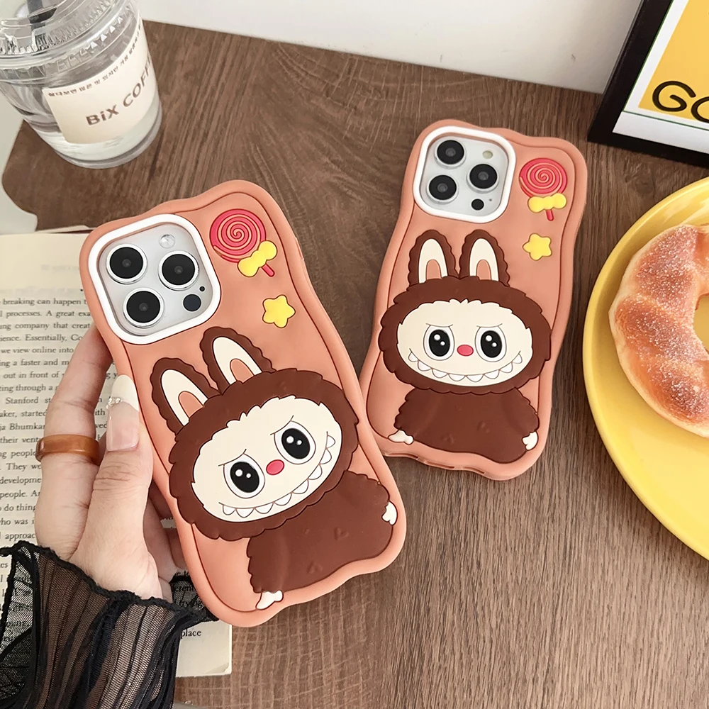 For iPhone 15 14 13 12 11 Pro X Xs Max XR 6 6S 7 8 Plus Silicone Wave 3D Cartoon Labubu Soft Silicone Cover Case