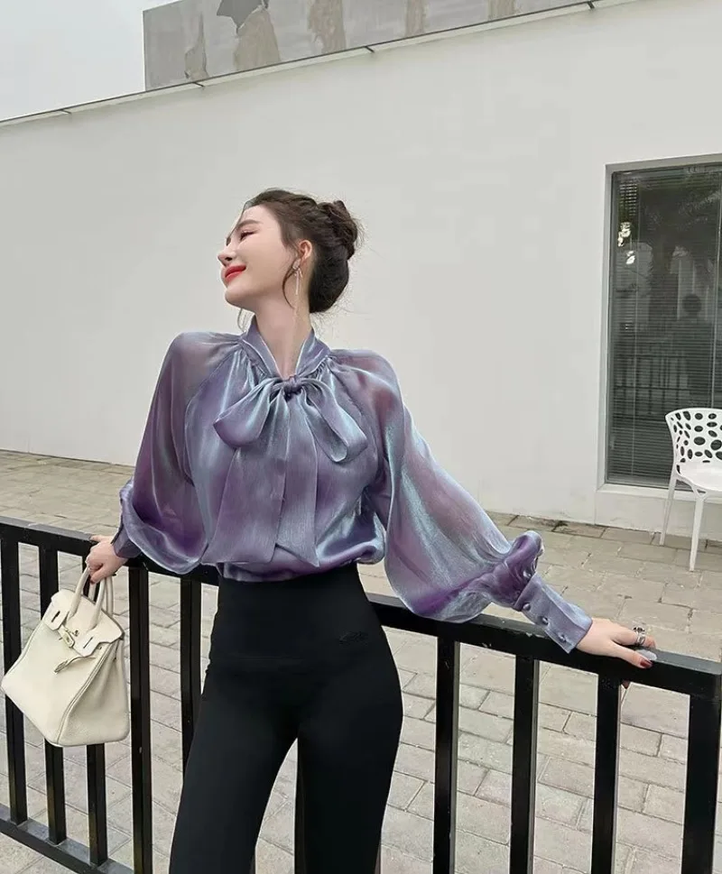 2023 Autumn Vintage Satin Silk Shirt Women Fashion Blouse Elegant Turn Down Collar Female Blouse White Long Sleeve Shirts Tops