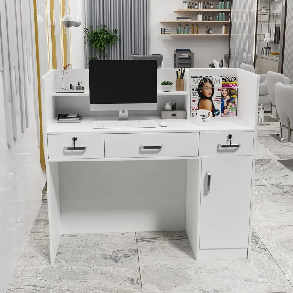 

Drawers and Moveable Shelves, Receptionist Desk Retail Checkout, for Lobby Beauty Salon Office, White (47.2”W x 18.9”D x 43.7”H)