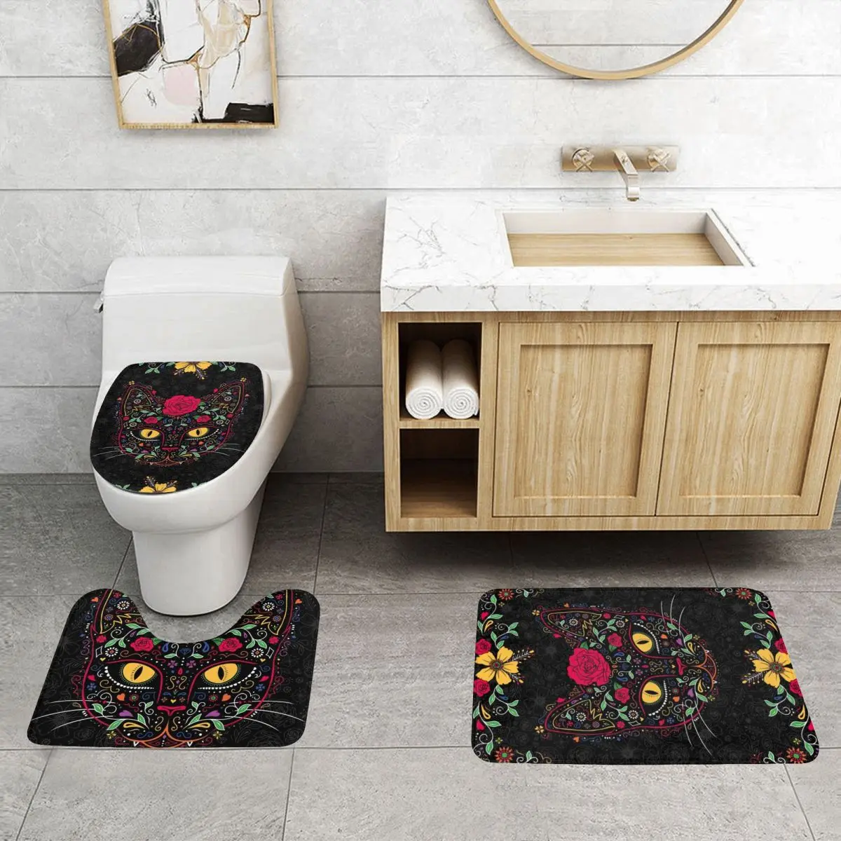 Custom Day Of The Dead Kitten Cat Sugar Skull Bathroom Rugs Sets Non-Slip Absorbent Mexican Halloween 3 Piece Bath Rugs Mats