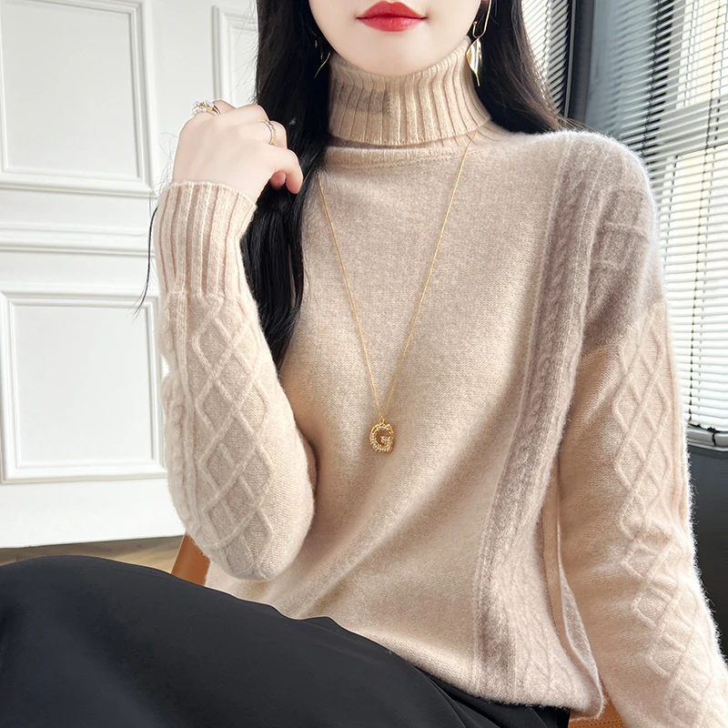 autumn and winter 24 new 100 pure wool knitted women\'s high neck pullover sweater for warmth, color blocked full sleeved sweater