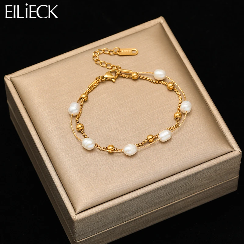 EILIECK 316L Stainless Steel Multilayer Pearl Beads Bracelet For Women Girl Fashion Waterproof Wrist Chain Bangles Jewelry Gift