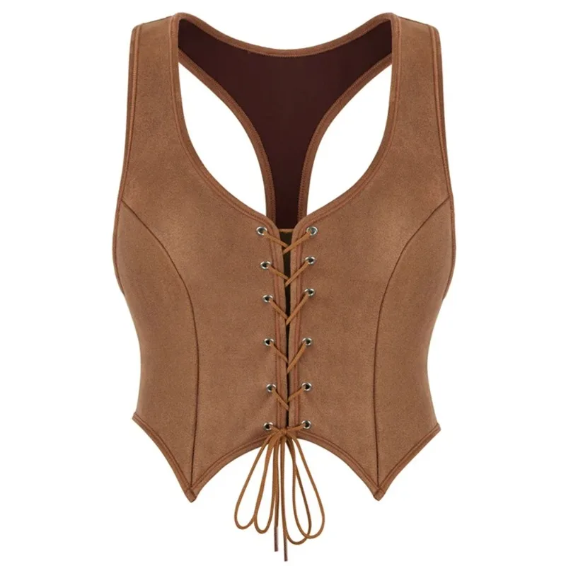 

Женский винтажный корсетный топ, коричневый бюстье на шнуровке, готический корсет с завышенной талией, жилет с открытой спиной, сексуальный обтягивающий жилет