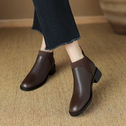 Nuovi stivali da donna autunnali punta tonda scarpe con tacco grosso scarpe in pelle spaccata per le donne stivaletti Casual Slip-on stivali neri fatti a mano