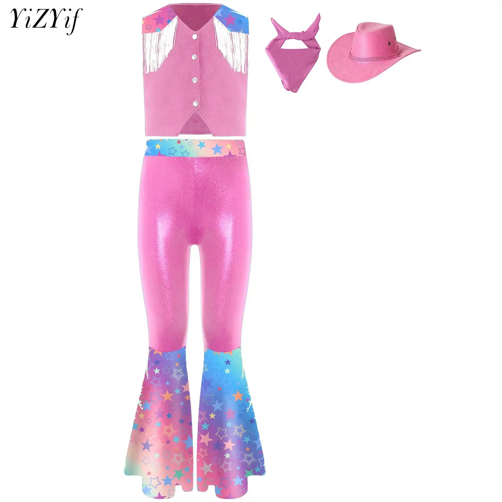 

Girls Halloween Western Cowgirl Hippie Disco Costume Print Tassels Vest Bell-Bottom Pants Carnival Party Cosplay Fancy Dress Up