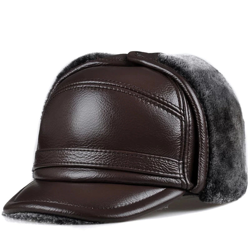 Male Winter Warm Ear Protection Bomber Hat Man Genuine Leather Faux Fur Inside Black/Brown Ultra Large Size 54-62cm Caps