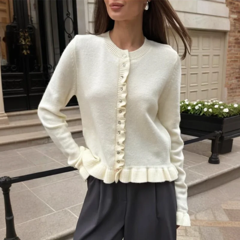 

TARUXY для отдыха морщины вязаное пальто женская мода однобортный с круглым вырезом однотонный с длинными рукавами осенний вязаный кардиган женский