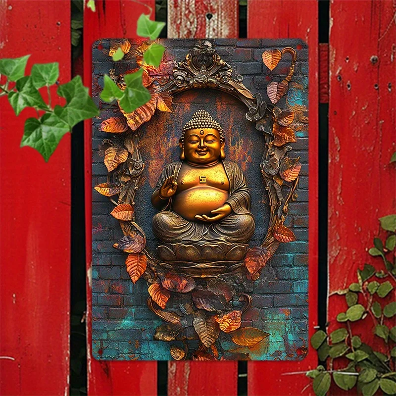 

2D Vintage Golden Laughing Buddha Metal Wall Art, Aluminum Sign with Vibrant Foliage and Weathered Brick Design for Home Decor