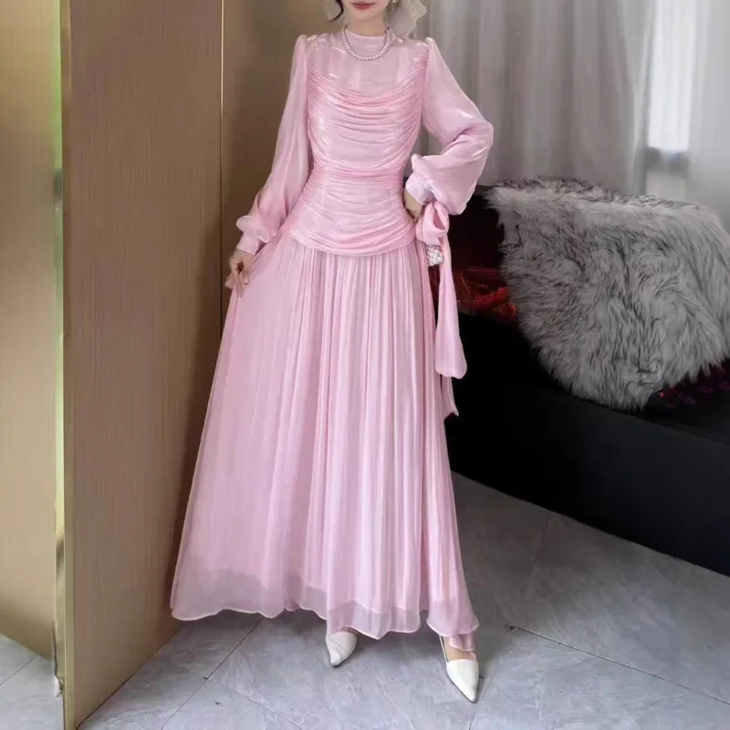 YFPF 우아한 단색 여성 드레스 주름 밴디지 스플라이스 소매 단색 이브닝 파티 롱 드레스 패션 2026 신상