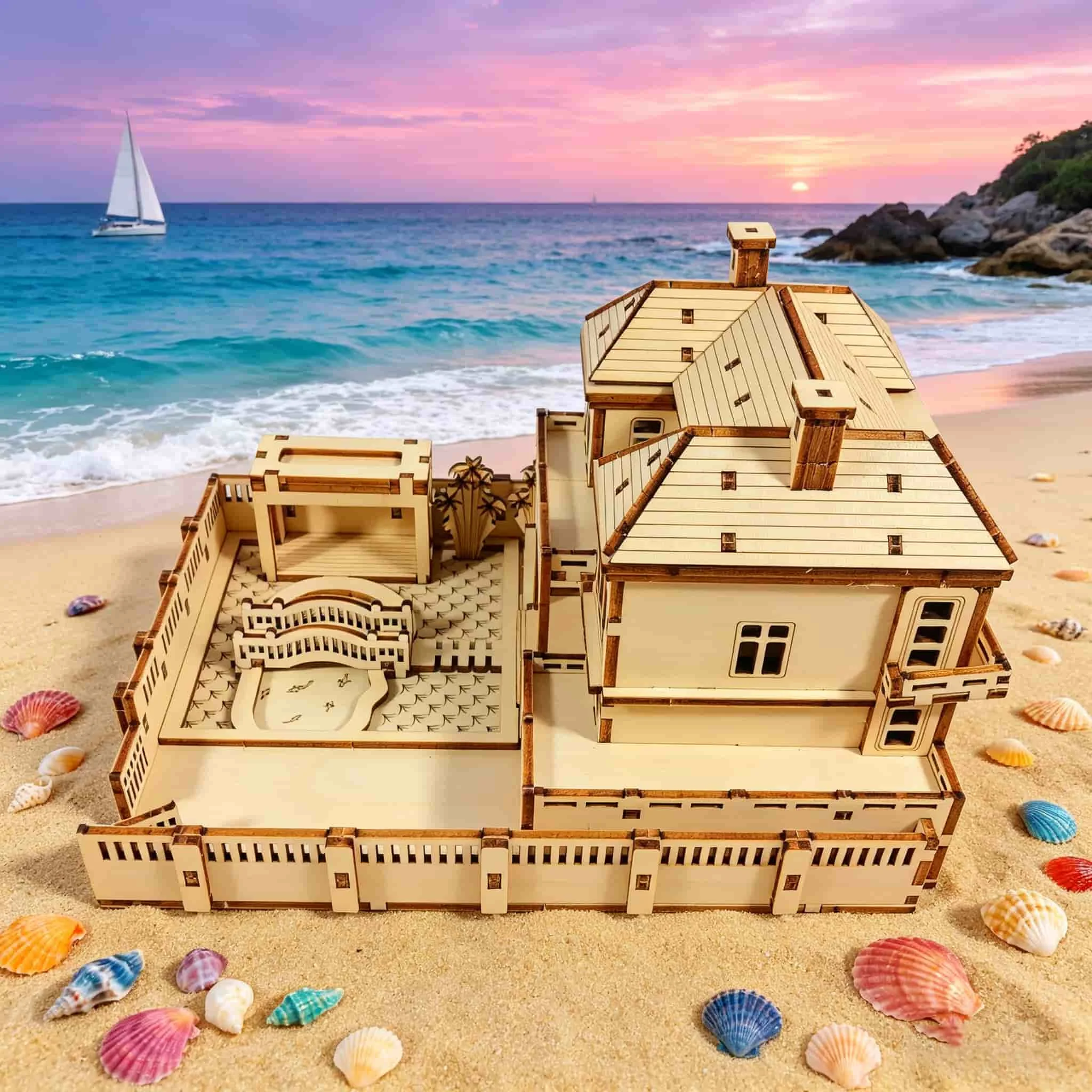 3D Wooden Puzzle Beach House Model - DIY Seaside Villa Assembly Kit, Unique Home Decor & Collectible Gift