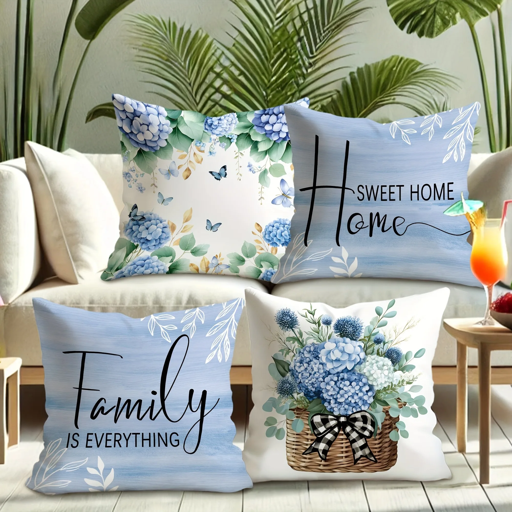 Hydrangea - themed Cozy Pillow Cover: Delicate Blooms, Butterflies and Heartfelt Quotes, Sofa Cushion Cover, Bedroom Room Decor