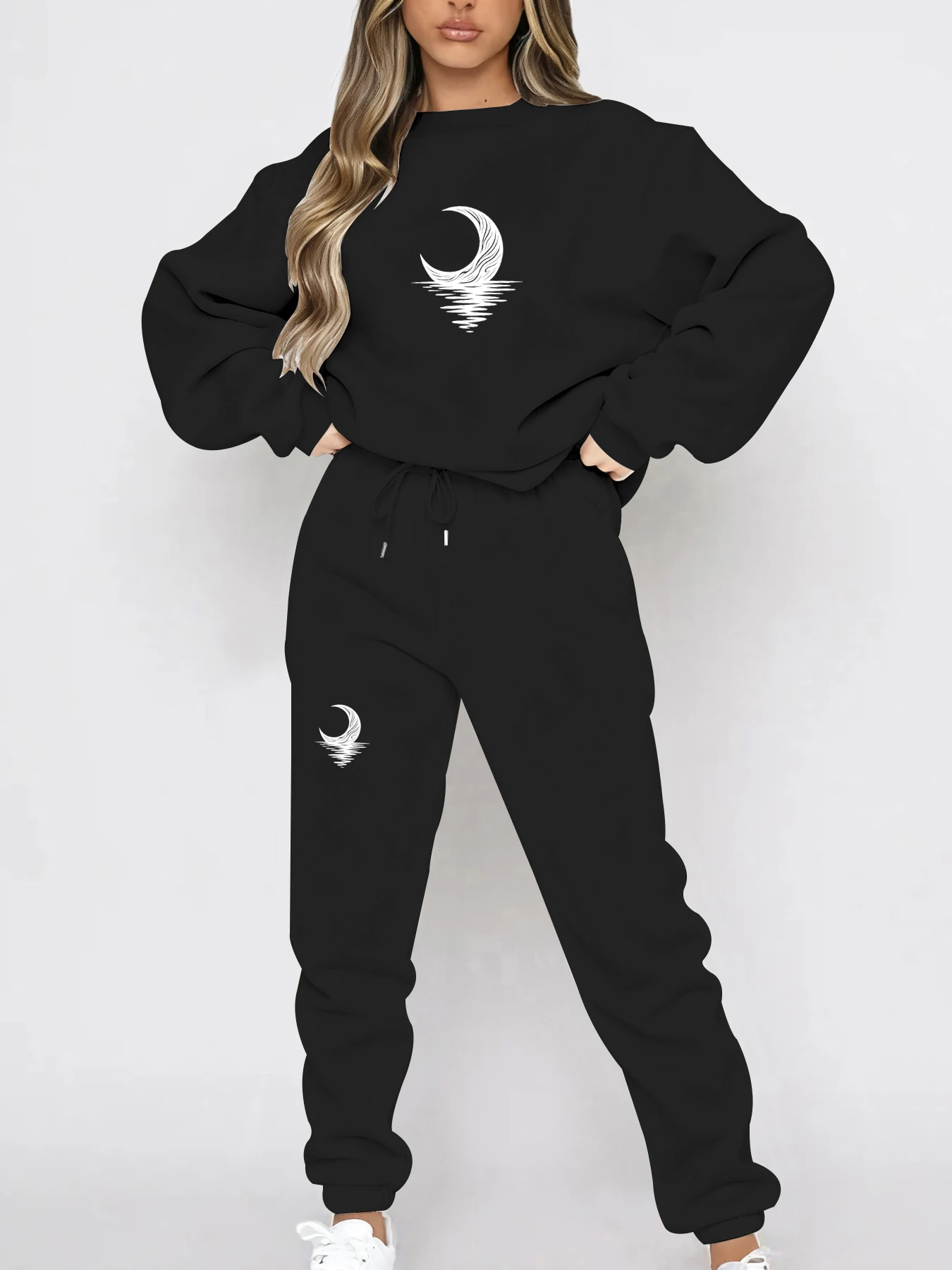 Must-Have for Autumn and Winter: Fleece-Lined Thickened Crewneck Sweatshirt Set, European and American Trendy Couple's Sweatshirt and Sweatpants Two-Piece Set, Women's Loose Oversize Sweatshirt + Long Pants, Long-Sleeve Regular Fit, Machine Washable, Durable and Wear-Resistant, Women's Casual Versatile Set, Warm, Comfortable, Windproof, Slimming, Fashionable and Trendy for Outings and Commuting, Round-Neck Personalized Design, Practical and Beautiful, Sweatshirt and Jogging Pants Two-Piece Set, Women's Clothing
