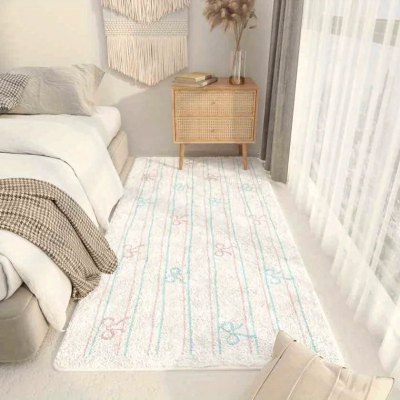 VIKAMA Bow Pattern Korean Style Fluffy Plush Rug Non-slip Soft Bedside Living Room Bay Window Area Carpet
