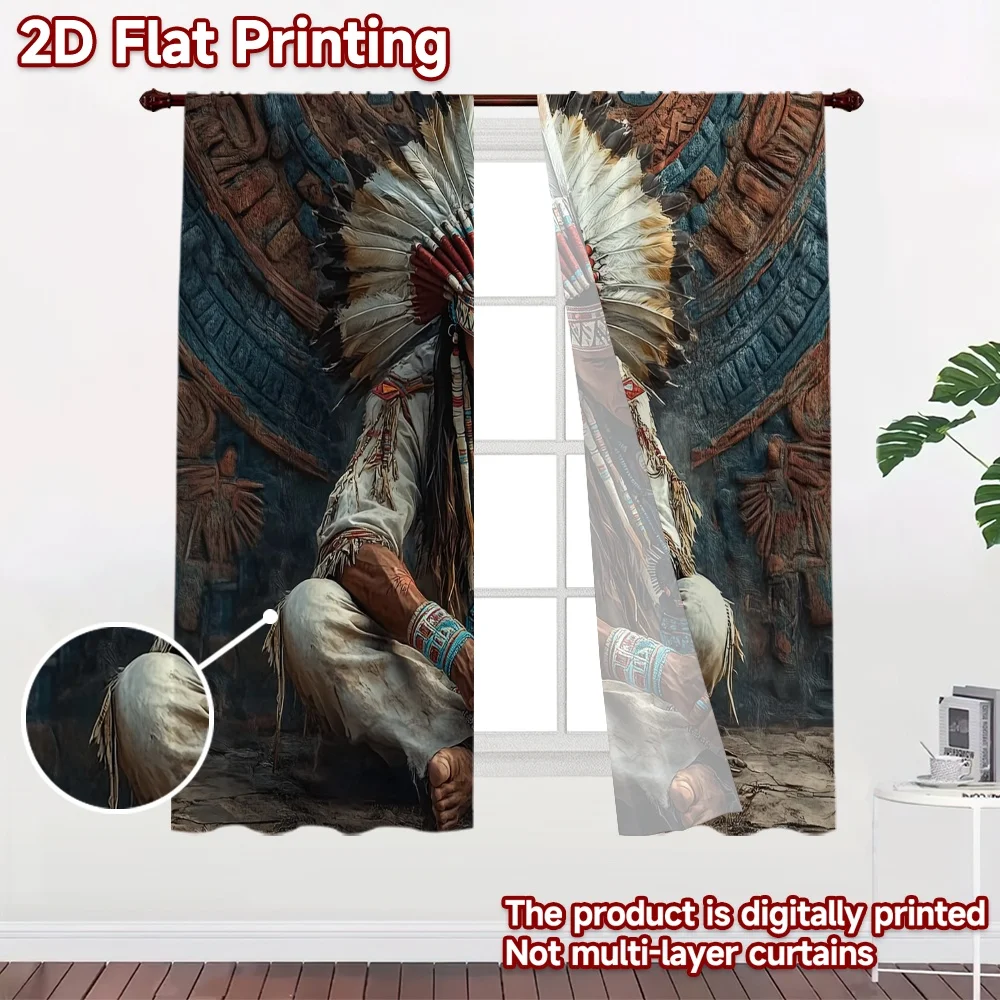 2D flat 2pcs Curtain Vintage drapes and curtains Seated Chief Headdress Durable polyester fiber Festive Wall Decor Use for Room