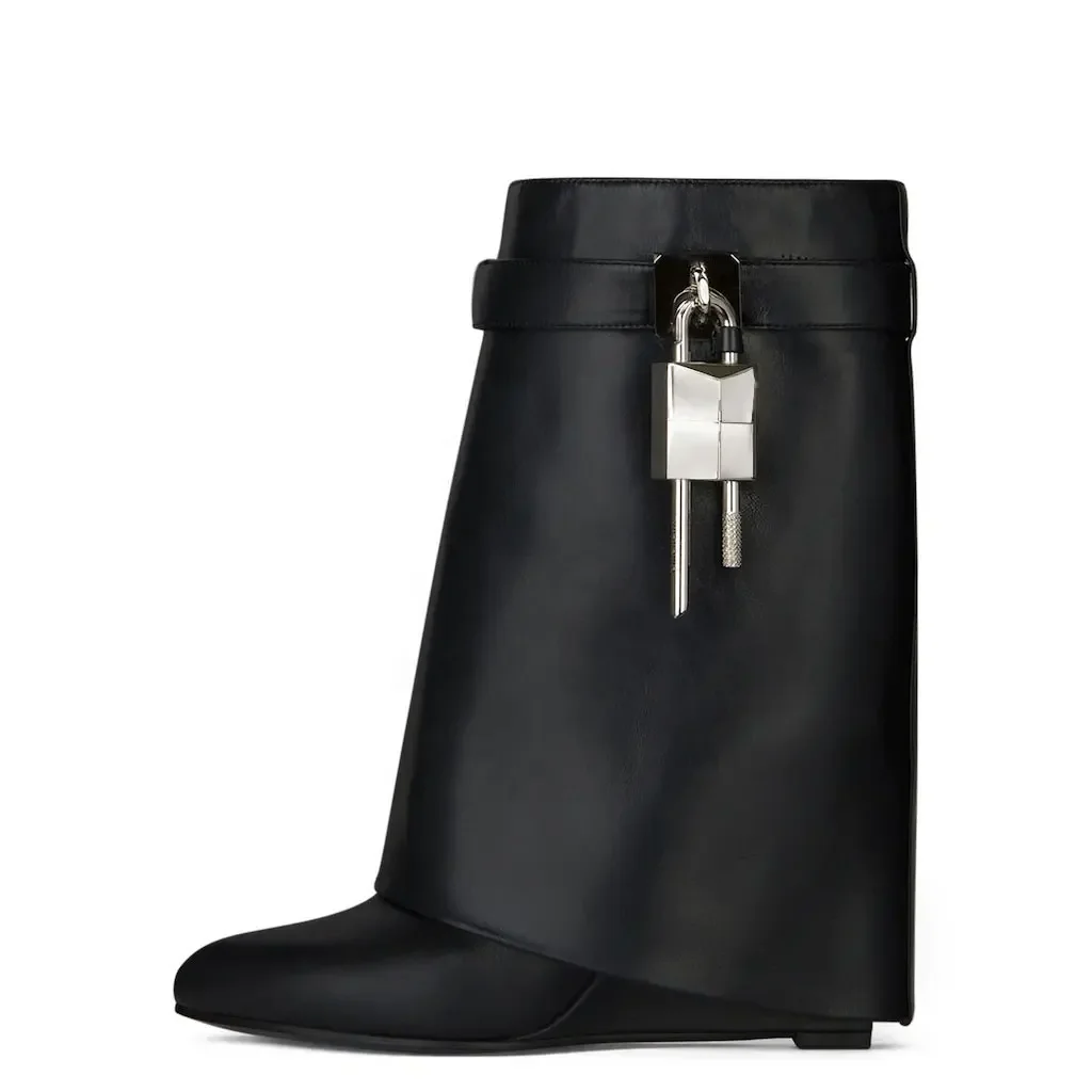 Spring Autumn New Style Wide Barrel Foldable Shark Boots Leisure Fashionable High Heeled Mid Calf  Boots Party Banquet Shoes