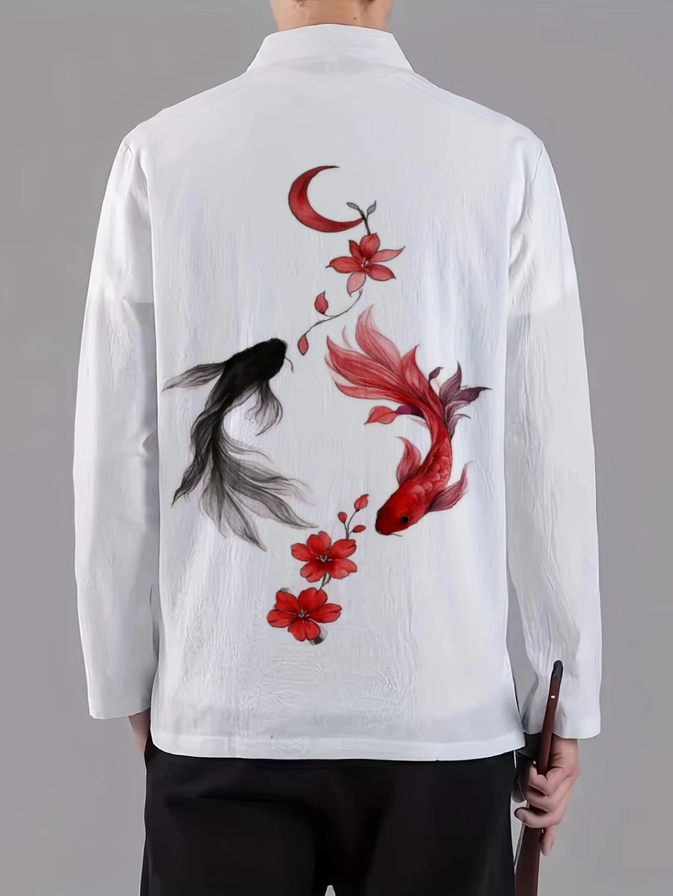 Men Mandarin Collar Frog Button Jacket Koi Floral Ink Painting Print Traditional Outer Coat