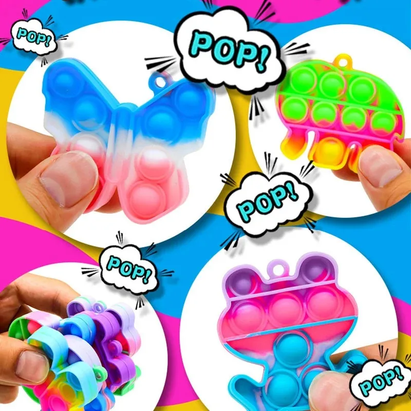 /1-20PCS Rainbow Keychain Fidget Toys Cartoon Kawaii Sensory Toys Push Stress Relief Keychains for Kids Adult Party Favors