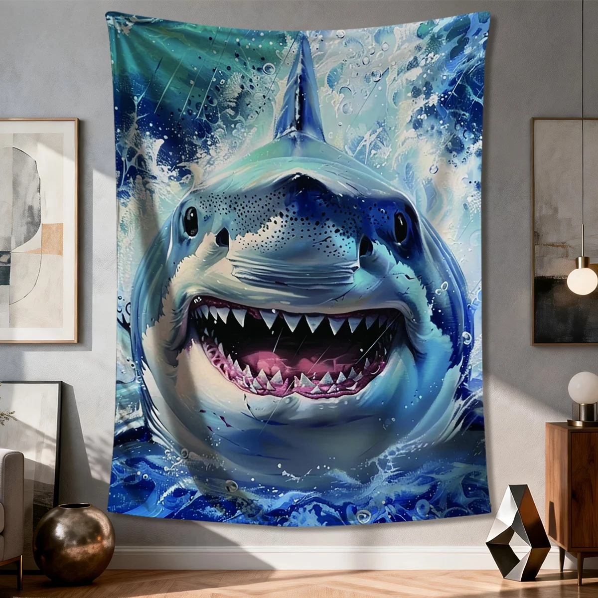 Large Great White Shark Ocean Tapestry Blue Deep Sea Marine Life Wall Hanging Art Decor Tropical XL