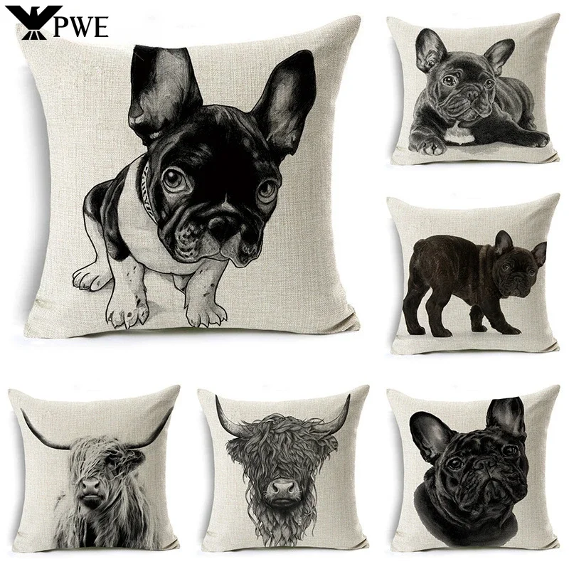 Cute Method Fighting Dog  Yak Animal Linen Cushion Cover Living Room Bedroom Sofa Household Decoration Pillowcase 45*45cm