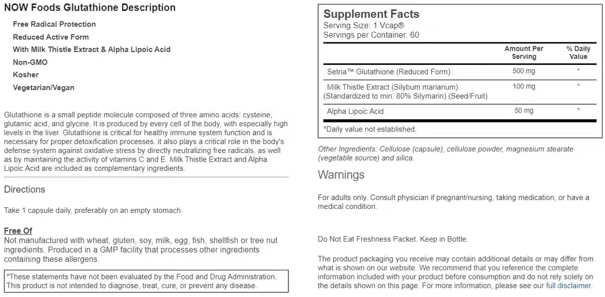 NOW Glutathlone 500mg, With Silymarin &Alpha Lipolc Acid, 60 Veg Capsules