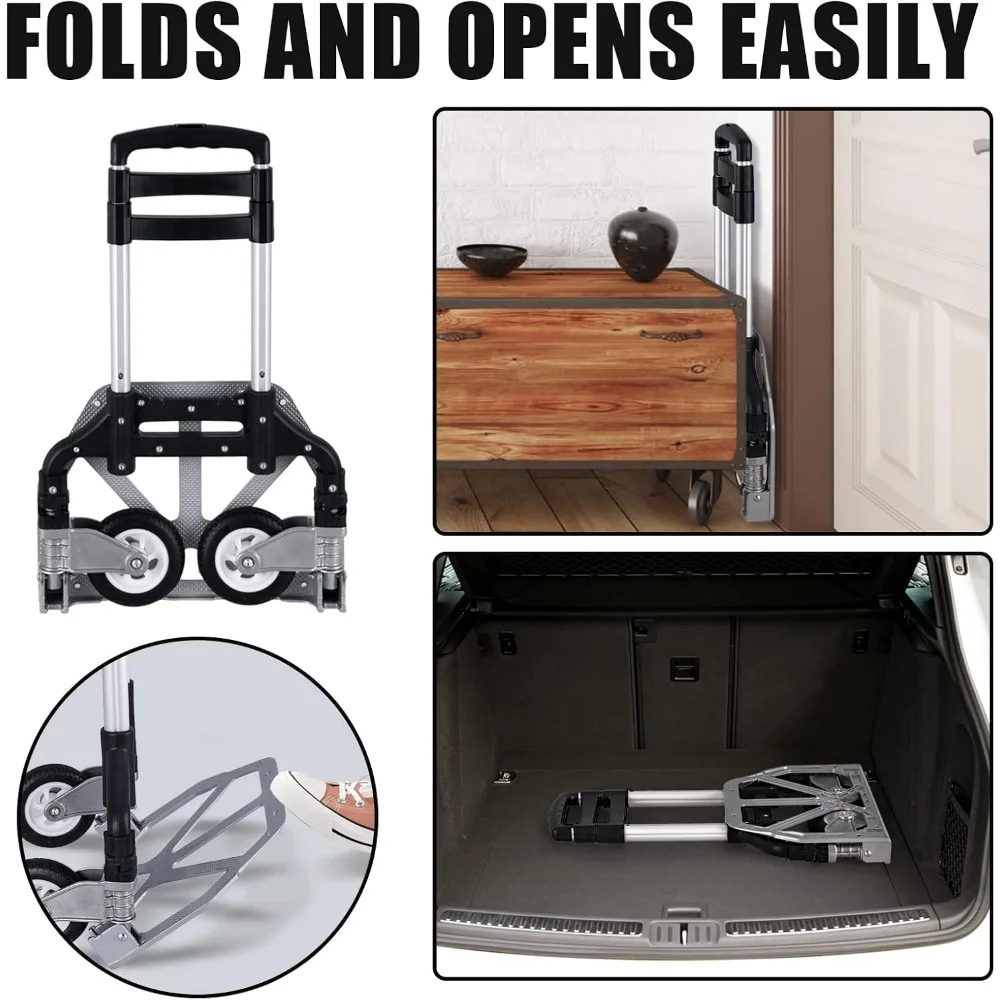 Przenośny składany wózek ręczny z teleskopowym uchwytem, aluminiowy wózek transportowy, udźwig 81 kg, czarna linka elastyczna w zestawie