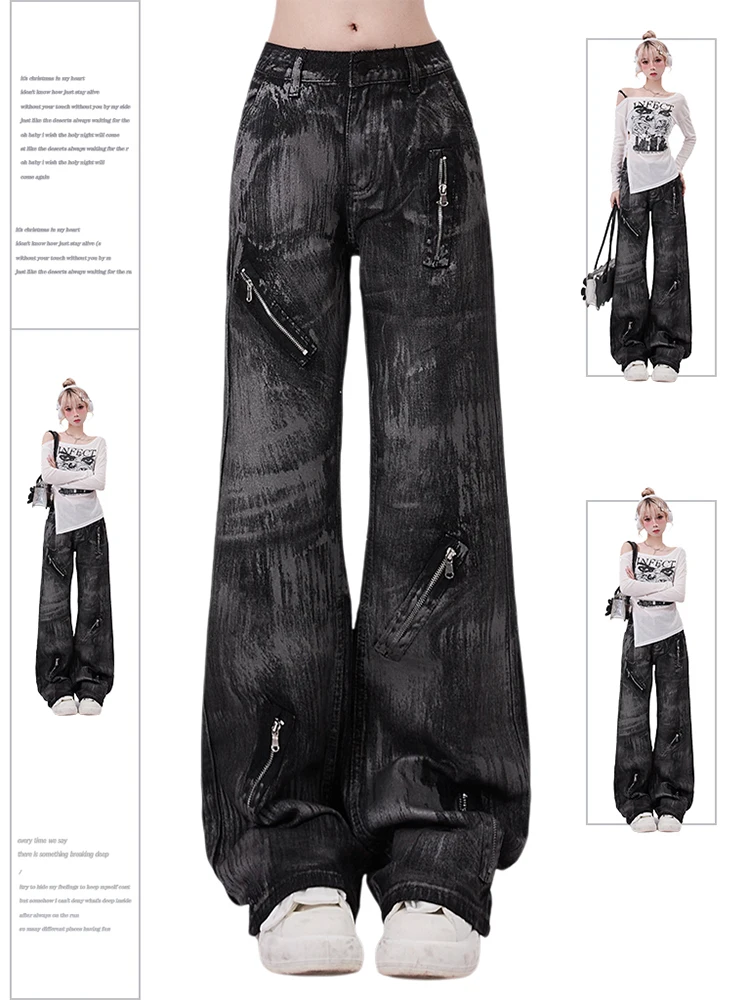 

Women's Black Gothic Jeans Vintage Zippers Cowboy Pants Harajuku Baggy Punk Denim Trousers Y2k Oversize Trashy 2000s Emo Clothes