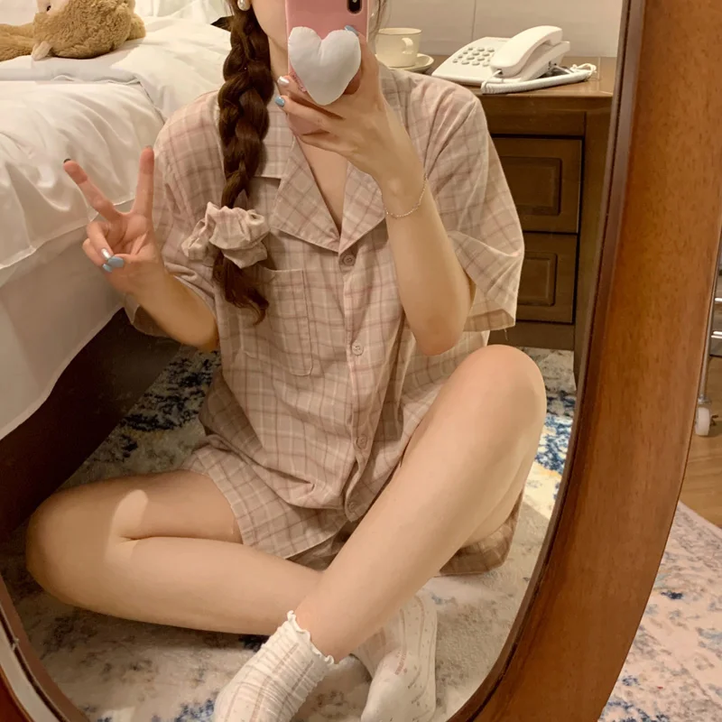 New Plaid Simple 100%Cotton Holiday Stripe Short Sleeve Half Pants Summer Pajama Set Women Vintage Loose Girlish Style Sleepwear