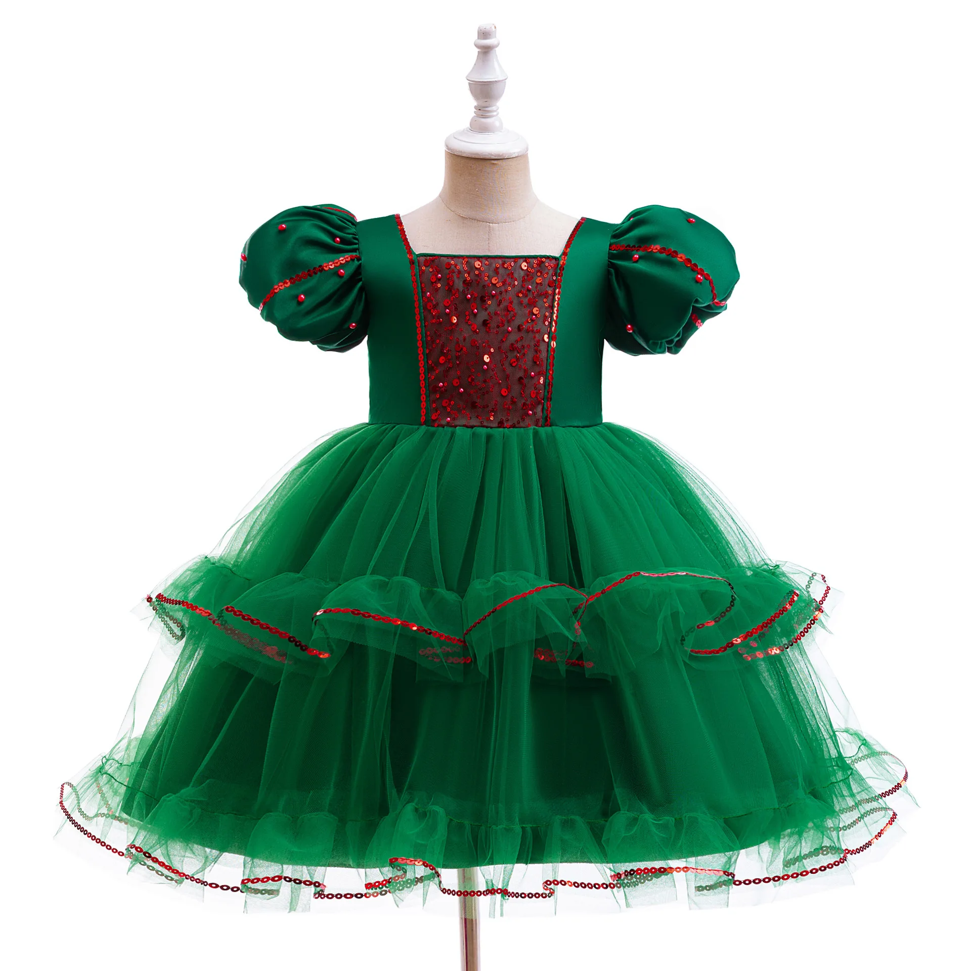 Christmas Girls' New Sequin Color Blocked Bubble Sleeves Mesh Princess Dress New Year Party Sweet and Cute Dress for 3-10 Years