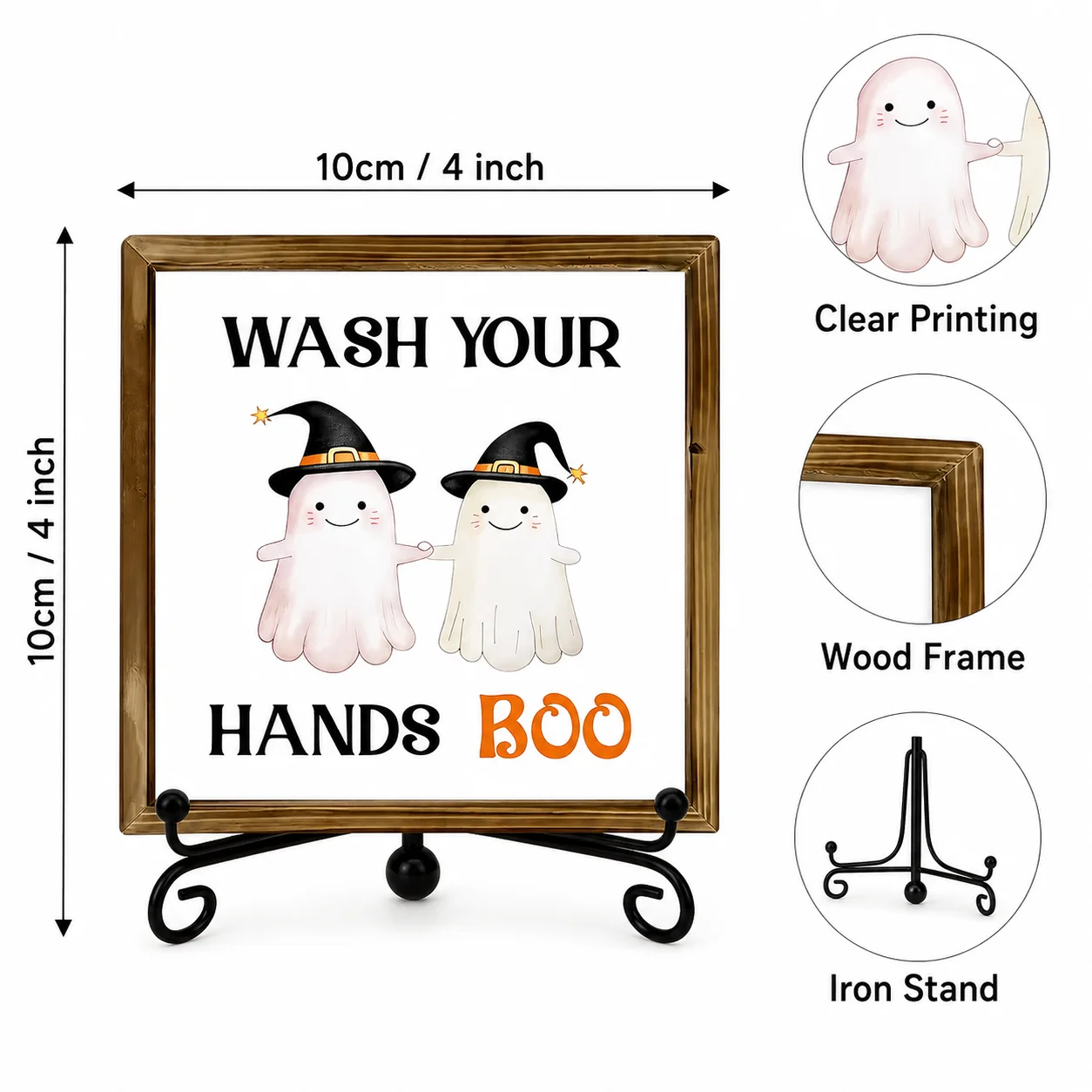 Halloween Ghost Bathroom Decor Sign with Iron Stand, Wash Your Hands Boo Wooden Tabletop Plaque, 4 Inch