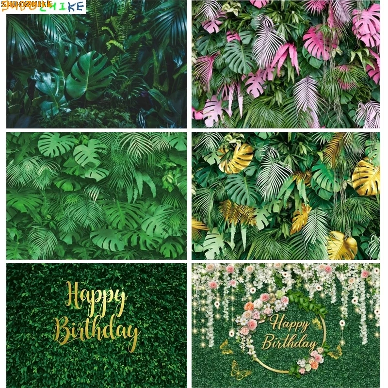 

Green Leaves Happy Birthday Party Backdrop Baby Shower Background For Photography Photoshoot Cake Table Photo Studio Booth Props