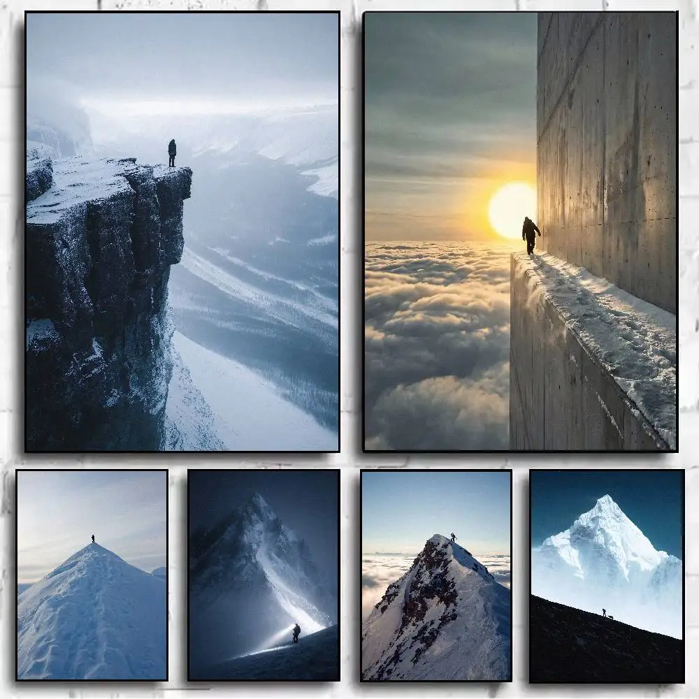 Cool Mountain Hiker Landscape Wall Print, Rugged Snowy Peak Cliff Mountaineer Sunrise Wild Nature Adventure Decor Poster