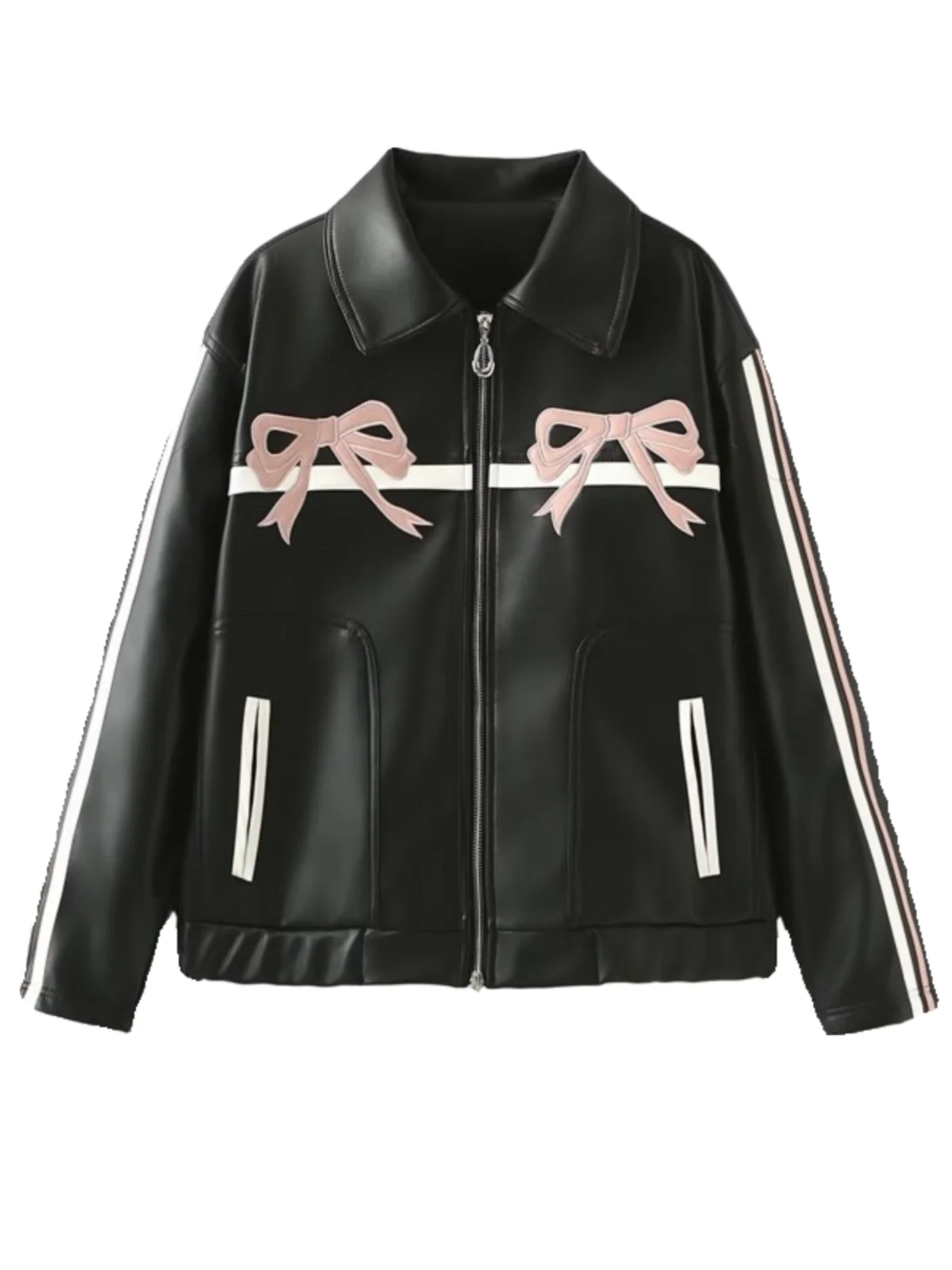 หวานเย็นสาวต้นฤดูใบไม้ผลิโบว์สีชมพูพิมพ์หนัง Jaet ซิปคอสูงสาวเซ็กซี่แจ๊กเก็ตยาว Sve คอ