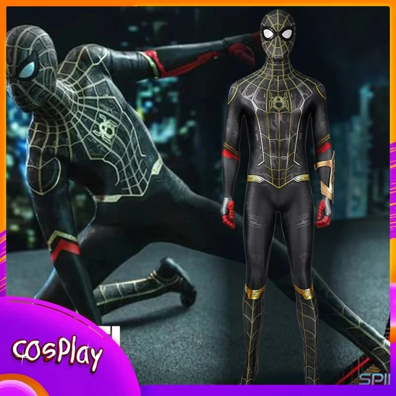 

Spider Men Peter Black And Gold Suit Cosplay Costume Cos Superhero Jumpsuit Halloween Comic-con Party Props Bodysuit X-mas Gift