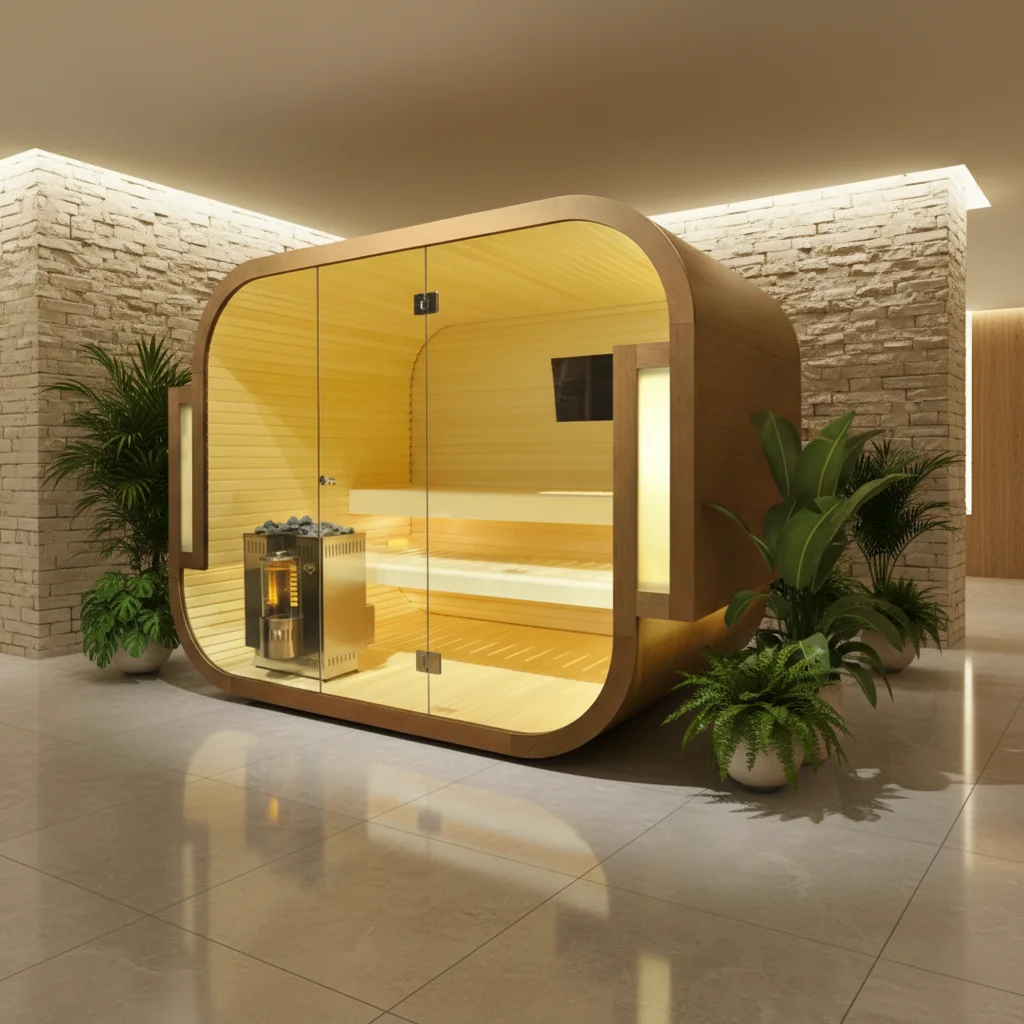 Traditional Sauna Room, Hemlock Wood Cube Style Sauna with Computer Control, 8mm Tempered Glass Indoor Electric Sauna for Villa
