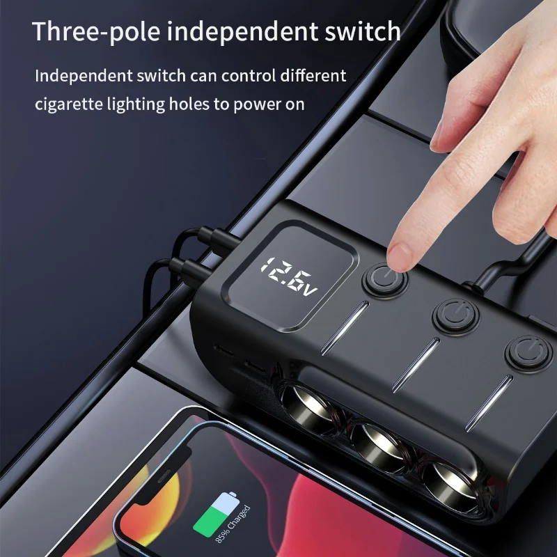 Car Phone 120W Charger 3 in 1 Cigarette Lighter USB Type C Port Expansion PD Fast Charging with Switch Voltage Display