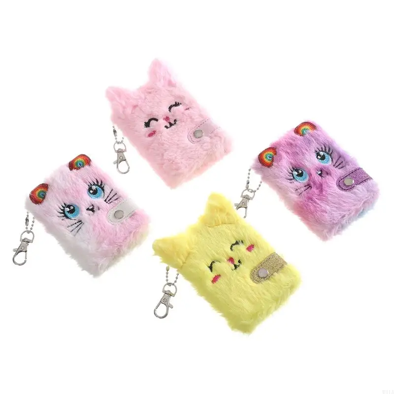W91A Phim hoạt hình Pocket Pocket Notebook Trống dày giấy bên trong với Keychain Mini Plush cho mèo Viết bản vẽ Pad Travel